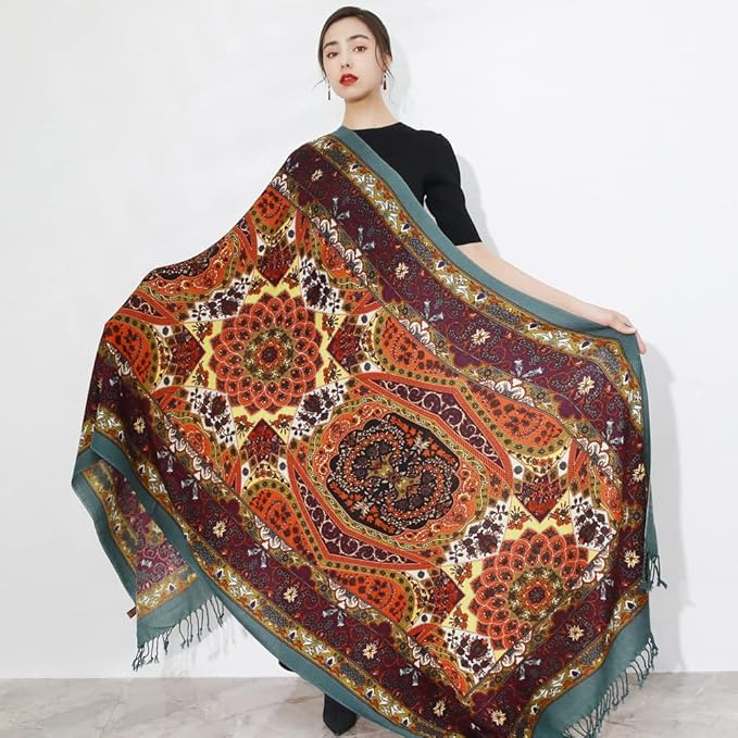 DANA XU 100% Merino Wool Pashmina Shawl for Women 96"x43", Oversized Cashmere Wrap with Tassels, Floral Travel Blanket Cape