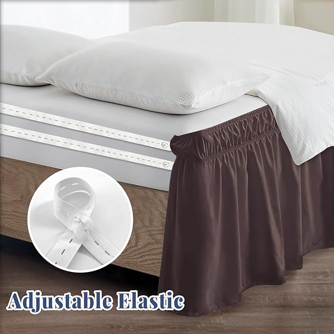Queen Bed Skirt, Elastic Wrap Around Bed Skirt Queen Size, Bed Skirts for Adjustable Bed, Easy Fit with 18" Drop Length Tailored Drop Dust Ruffle (Brwon)