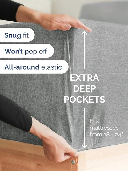 Extra Deep Twin XL Fitted Sheet - Hotel Luxury Single Fitted Sheet Only - Easily Fits 18 inch to 24 inch Mattress - Ultra Soft, Wrinkle Free w/Extra Deep Pockets - Breathable & Comfy - Heathered Grey