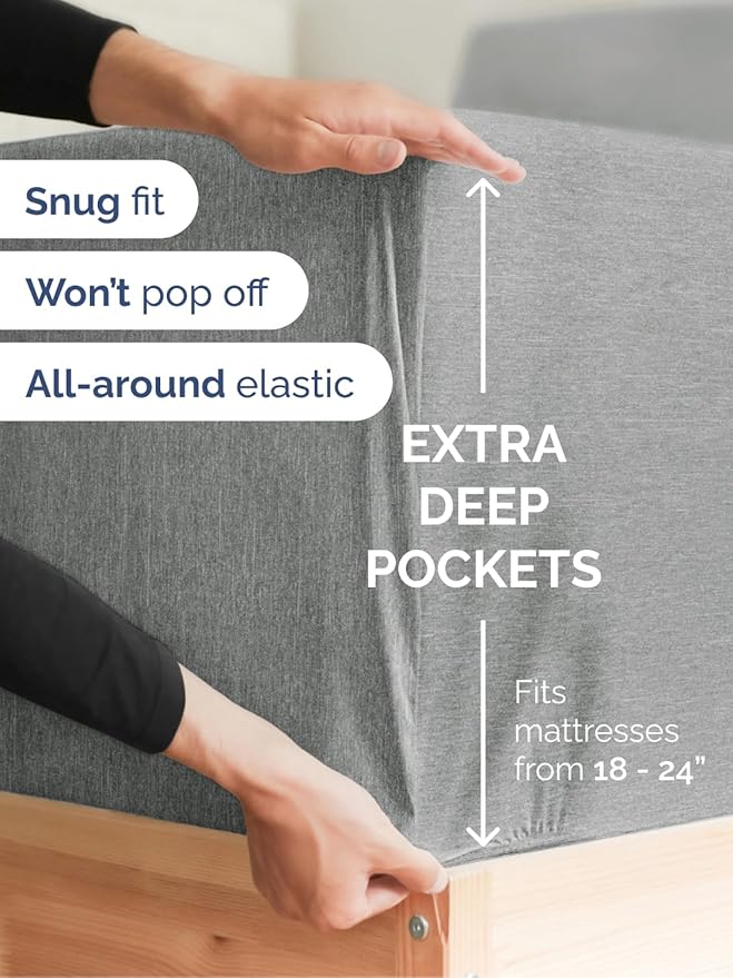Extra Deep Cal King Fitted Sheet - Hotel Luxury Single Fitted Sheet Only - Easily Fits 18 to 24 inch Mattress - Soft, Wrinkle & Fade Free with Extra Deep Pockets - Breathable & Comfy - Heathered Grey