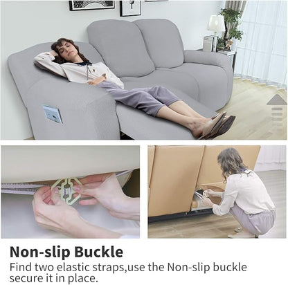 Easy-Going 6 Pieces Recliner Loveseat Stretch Sofa Slipcover Sofa Cover Furniture Protector Couch Soft with Elastic Bottom Kids, Spandex Jacquard Fabric Small Checks Silver Gray