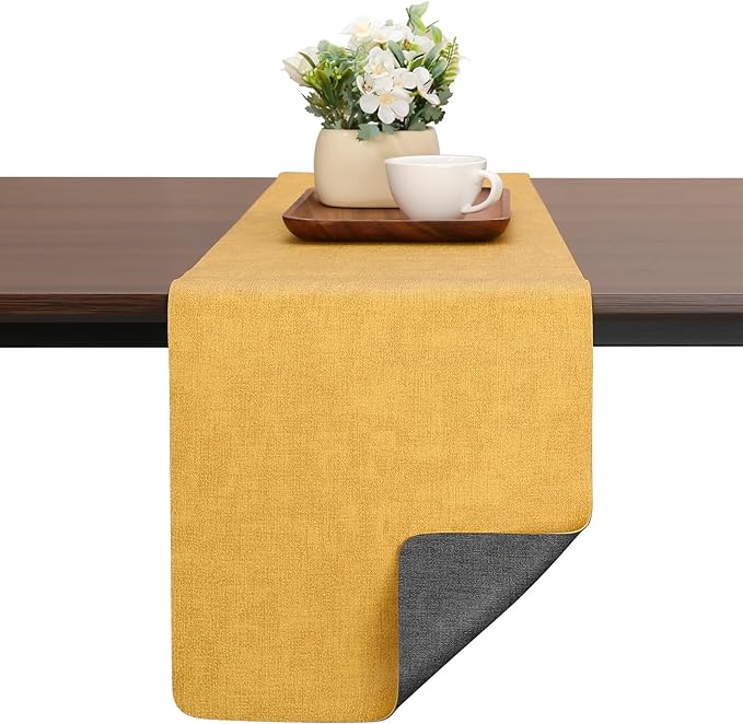 Table Runners 94 Inches Long, Dual-Sided Faux Leather Farmhouse Table Runner Waterproof Heatproof Non-Slip for Living Room Party Home Decor Holiday Decorations(Gray Yellow, 12 x 94 Inch)