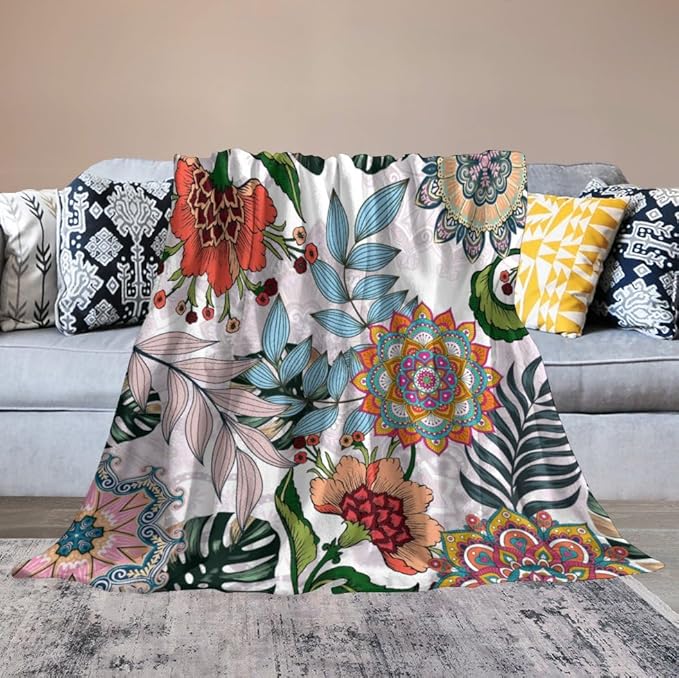 Boho Flowers Blanket for Women Girls, Rustic Bohemian Mandala Palm Leaves Plants Botanical Print Blanket for Bedroom Living Room Couch Sofa, 60"x80"