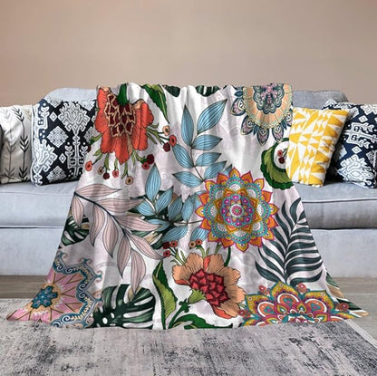 Boho Flowers Blanket for Women Girls, Rustic Bohemian Mandala Palm Leaves Plants Botanical Print Blanket for Bedroom Living Room Couch Sofa, 60"x80"