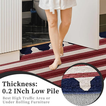 9CH Red White Stripes Area Rug 7' X 5' Navy Blue Modern Geometric Lines Faux Wool Rugs Soft Non-Slip Vintage American Flag Carpet for Bedroom Dining Room Office