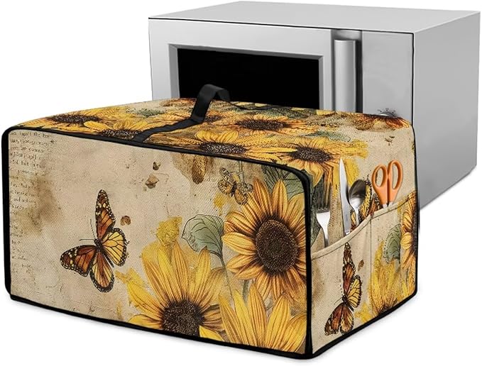 Microwave Oven Dust Cover Dust-Proof Sturdy Microwave Oven Cloth Cover Waterproof Kitchen Appliance Protector Suitable for Most Microwave Ovens, Vintage Sunflower Butterfly Letter Print, S