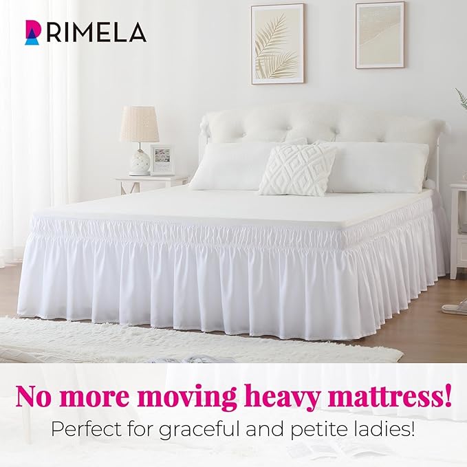 RIMELA White Bed Skirt King Size 18 Inch Drop, Elastic Bed Skirting for Bed Base and Frame, Bedding Dust Ruffle Easy to Install, Lightweight Wrap Around Adjustable Bedskirt