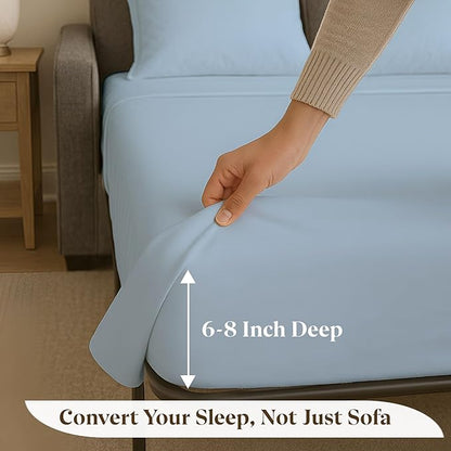 Sleeper Sofa Bed Sheet Set - Full Size 4 PC's Sheet Set Sofa Bed Sheets - 100% Cotton 400 Thread Count Sofa Sheets - Sleeper Sofa Sheets - Fits Mattresses Up to 6" Drop - Light Blue