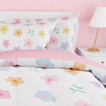 SANDJEST Floral Comforter Set Full Size 98x86in for Kids Girls, Microfiber 4 Pieces Bedding Set Includes 1 Comforter, 2 Pillowcases, 1 Fitted Sheet, Nursery Room Decor