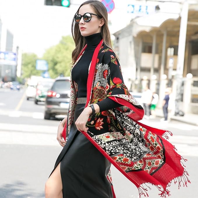DANA XU 100% Merino Wool Extra Large Pashmina Blanket Travel Scarf Cashmere Wrap for Women Fall Winter Oversize Shawl Floral
