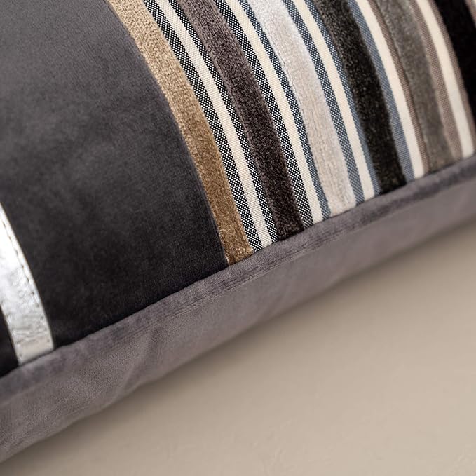 Yangest Grey Striped Patchwork Throw Pillow Cover Gold Leather Cushion Cover Zippered Pillowcase for Sofa Couch Bedroom Living Room Home Decoration,18x18 Inch
