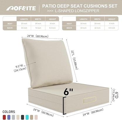 Outdoor Olefin Water-Resistant Deep Seat Cushion Set, 24''x24''x6'' Weather and Fade Resistant Patio Furniture Seat Cushion, Thickened Sofa Chair Pad with Straps for Lawn, Garden, Gray Apricot