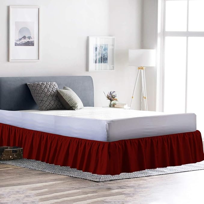 Ruffled Bed Skirt (Twin XL, Burgundy) 18 Inch Drop Dust Ruffle with Platform, 100% Cotton 600 Thread Count Fabric, Gathered Styling, Available in All Bed Sizes and 23 Colors - Bedskirt