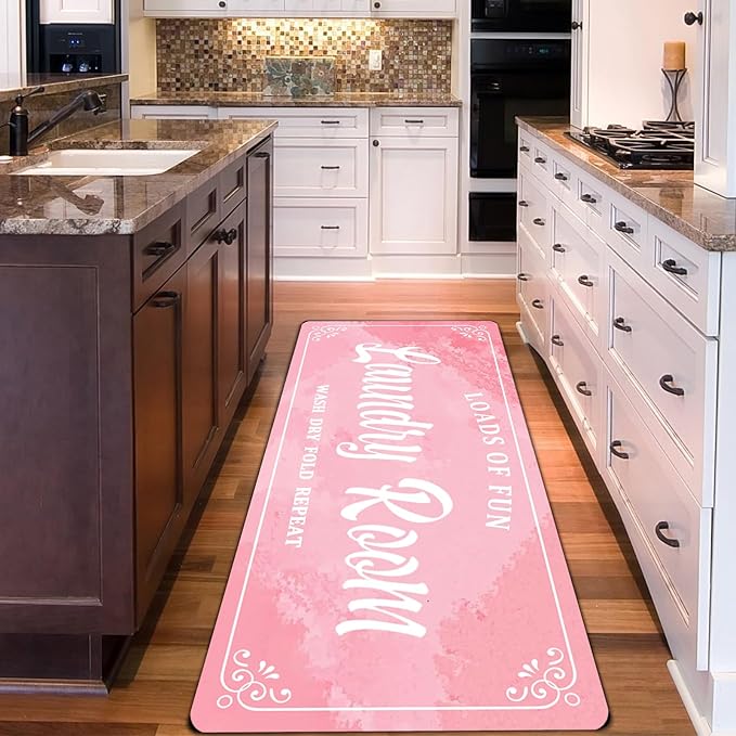 Laundry Room Rug Non Slip Floor mats Farmhouse Large Laundry Rugs for Pink Laundry Runner Room Mat Washer and Dryer Carpet Laundry Room Decor 20x59inch(Pink)