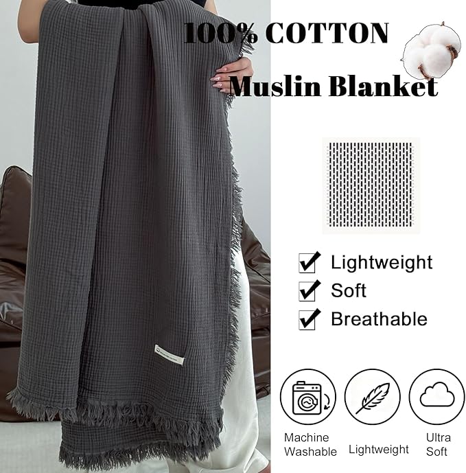 MorroMorn 100% Cotton Muslin Blanket with Fringes Twin Size 60"x80", 4-Layer Gauze Blankets for Adults, Boho Bedding Breathable Lightweight Ultra-Soft for Couch Bed All Seasons, Dark Grey