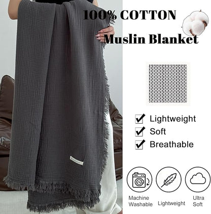 MorroMorn 100% Cotton Muslin Blanket with Fringes Twin Size 60"x80", 4-Layer Gauze Blankets for Adults, Boho Bedding Breathable Lightweight Ultra-Soft for Couch Bed All Seasons, Dark Grey
