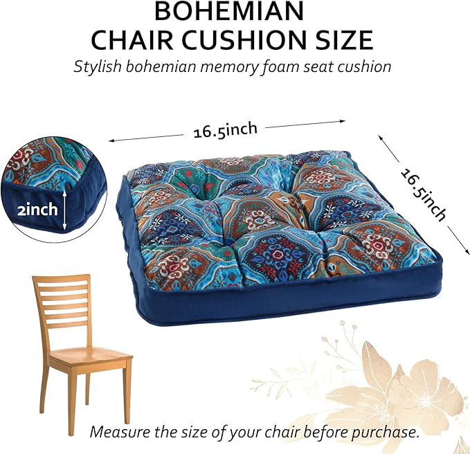 Bohemian Square Seat Cushions for Kitchen Dining Living Tea Room,16.5" x 16.5" Printing Velvet Chair Pads with Non-Slip Ties, 4Packs, Blue
