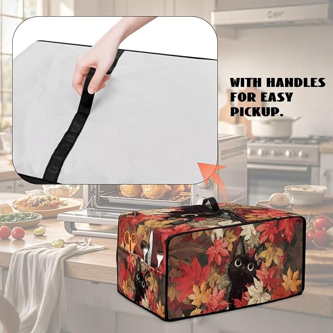 Cat Maple Leaf Print Toaster Oven Dust Cover with Storage Pockets Autumn Decor Dust-Proof Kitchen Appliance Protector for Small Appliances Convection Ovens Fall Decor, M