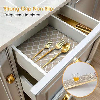Shelf and Drawer Liner for Kitchen Cabinets Non-Adhesive, Strong Grip Non-Slip Thickened Cabinet Liners for Shelves, Waterproof Mats for Dresser Cupboard, Beige, 17 in x 30 Feet