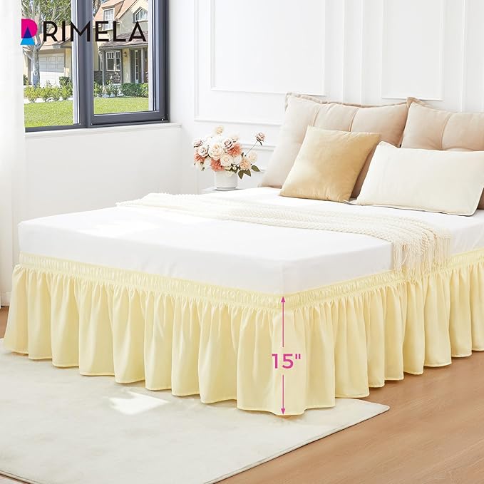 RIMELA Full Bed Skirt 15 Inch Drop, Wrap Around Elastic Bedskirt Solid Microfiber Luxury Hotel Quality Fabric, Easy to Install Machine Washable Wrinkle & Fade Resistant, Light Yellow