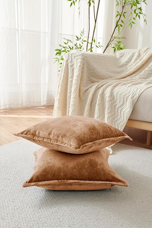 Luxurious Velvet Euro Shams Decorative Throw Pillow Covers 26x26 Set of 2 Solid Square Euro Pillow Shams for Sofa Couch Bedroom, Caramel