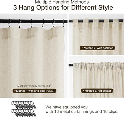 Anmao Natural Linen Curtains for Living Room 90 Inch Length 2 Panels Set, Light Filtering Semi Sheer Window Curtain Drapes for Bedroom with Curtain Rings and Clips, 52 Inch Wide Each Panel, Ecru
