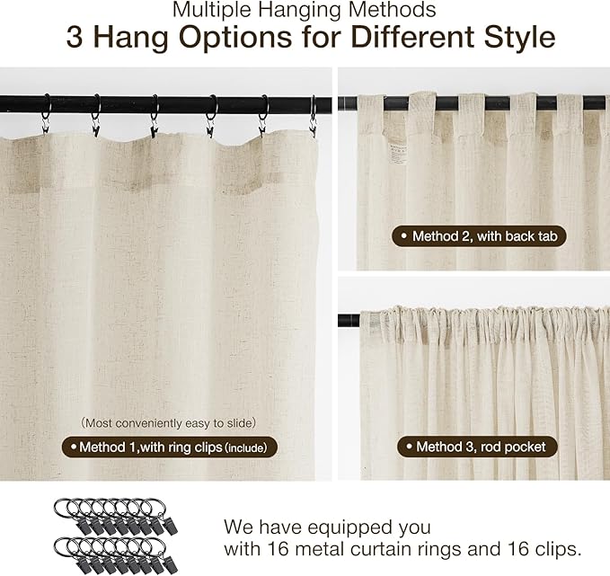 Anmao Natural Linen Curtains for Living Room 96 Inch Length 2 Panels Set, Light Filtering Semi Sheer Window Curtain Drapes for Bedroom with Curtain Rings and Clips, 52 Inch Wide Each Panel, Ecru