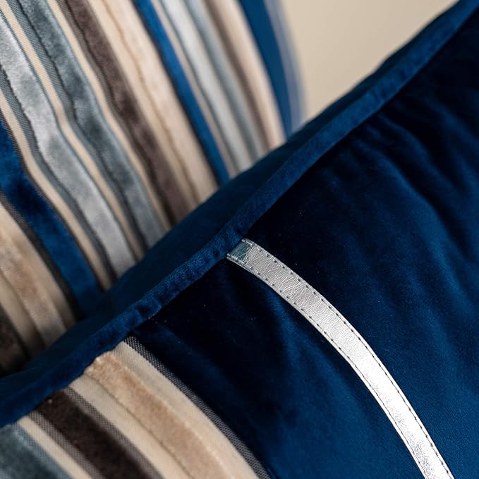 Yangest Navy Blue Striped Patchwork Throw Pillow Cover Gold Leather Cushion Cover Zippered Rectangular Pillowcase for Sofa Couch Bedroom Living Room Home Decoration, 12x20 Inch