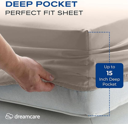 DREAMCARE Full Size Sheets Set - 4 Pcs Cooling Bed Sheets with Up to 15" Deep Pockets - Soft, Long-Lasting 100% Brushed Polyester with Side Pocket (Beige)