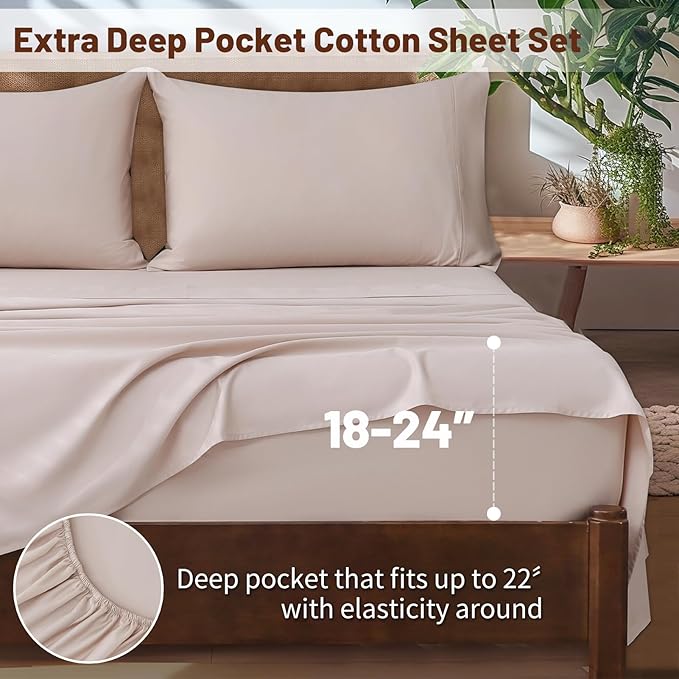 Extra Deep Pocket Queen Sheets 18-24 Inch 100% Egyptian Cotton 1000 Thread Count Sateen Weave Soft Breathable 4 Pieces（Queen,Dusty Pink）