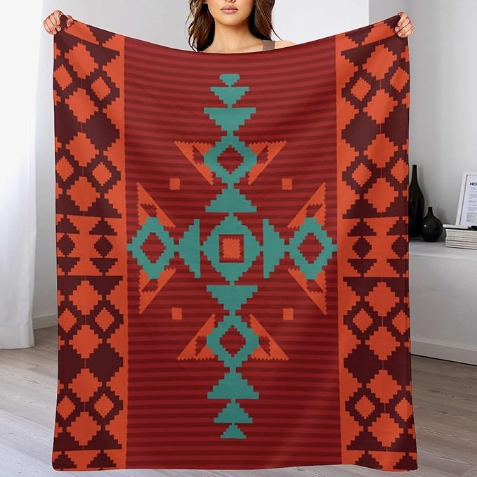 Aztec Throw Blanket, Red Native Southwestern Boho Blanket for Couch Bed Chair Outdoor Travel 30"x40"