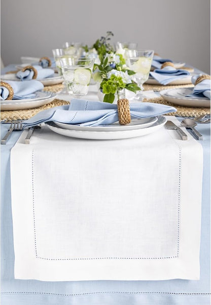 Solino Home Linen White Table Runner 72 Inches Long - 100% Pure Linen Hemstitch Table Runner 14 x 72 Inch for Dresser, Dining, Holiday, Christmas, New Year - Classic Hemstitch