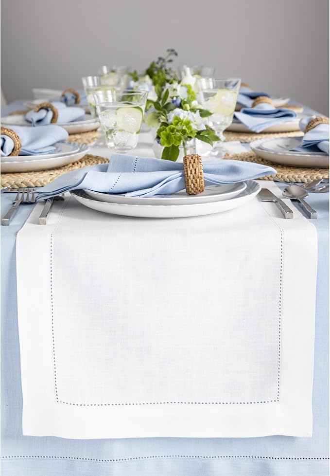 Solino Home Linen White Table Runner 108 Inches Long - 100% Pure Linen 14 x 108 Inch Table Runner for Holiday, Christmas, New Year - Classic Hemstitch