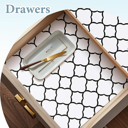 Shelf Drawer Liners for Kitchen Cabinets 11.8 x 118 Inches Non Adhesive Drawer Liner Thickened Refrigerator Liner Black Quatrefoil Strong Non-Slip Paper for Tool Box with Knife and Tape Measure