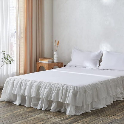 BISELINA White Ruffled Bed Skirt 22-Inch Tailored Drop Cotton Voile Dust Ruffle Soft Cozy Elegant Luxurious Bedding (22" Queen, White)