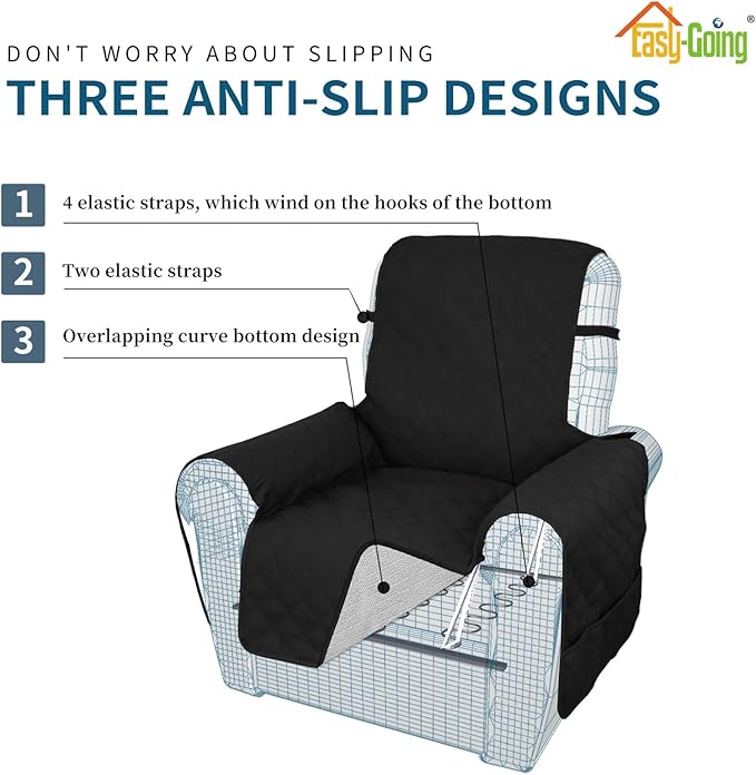 Easy-Going Sofa Slipcover Waterproof Recliner Chair Cover Non-Slip Fabric Couch Cover for Living Room Washable Furniture Protector for Pets Kids Children Dog Cat (Recliner, Black)