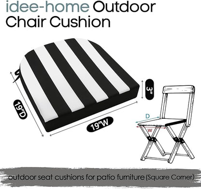 idee-home Outdoor Chair Cushions Set of 4, Thick 19" x 19" x 3" Outdoor Seat Cushion Waterproof for Patio Furniture with Ties, Patio Chair Pads Dining Black Stripes