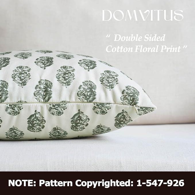 DOMVITUS Set of 2 Floral Pillow Covers 20x20, Block Print Pillow Covers Vintage Neutral Decorative Farmhouse Throw Pillow Covers for Couch Bed Living Room Dusty Green