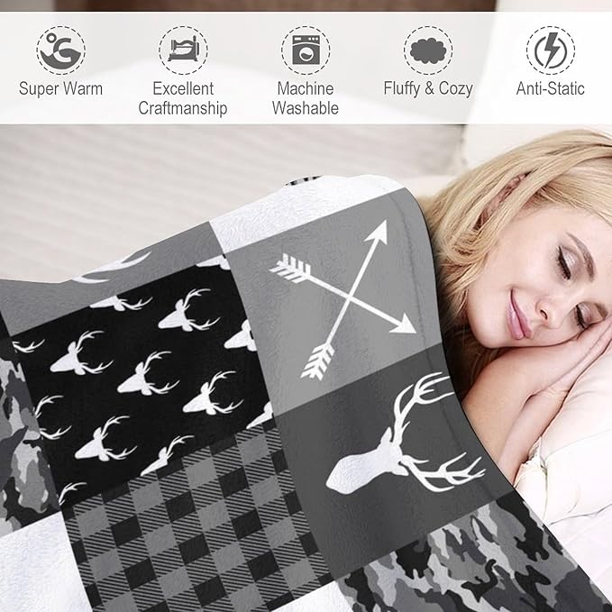 Rustic Cabin Throw Blanket, Farmhouse Grey Camouflage Deer Vintage Country Hunting Wildlife Blanket Throw for Bed Camping Travel Living Room Bedroom, 50"x60"