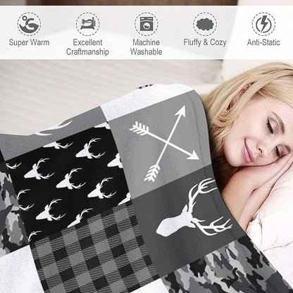Rustic Cabin Throw Blanket, Farmhouse Grey Camouflage Deer Vintage Country Hunting Wildlife Blanket Throw for Bed Camping Travel Living Room Bedroom, 50"x60"