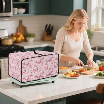 Pink Butterfly Print Microwave Oven Dust Cover Polyester-Linen Fabric Dust Cover for Microwave Oven Universal Dust-Proof Kitchen Appliance Protector Fits Most Microwaves, S