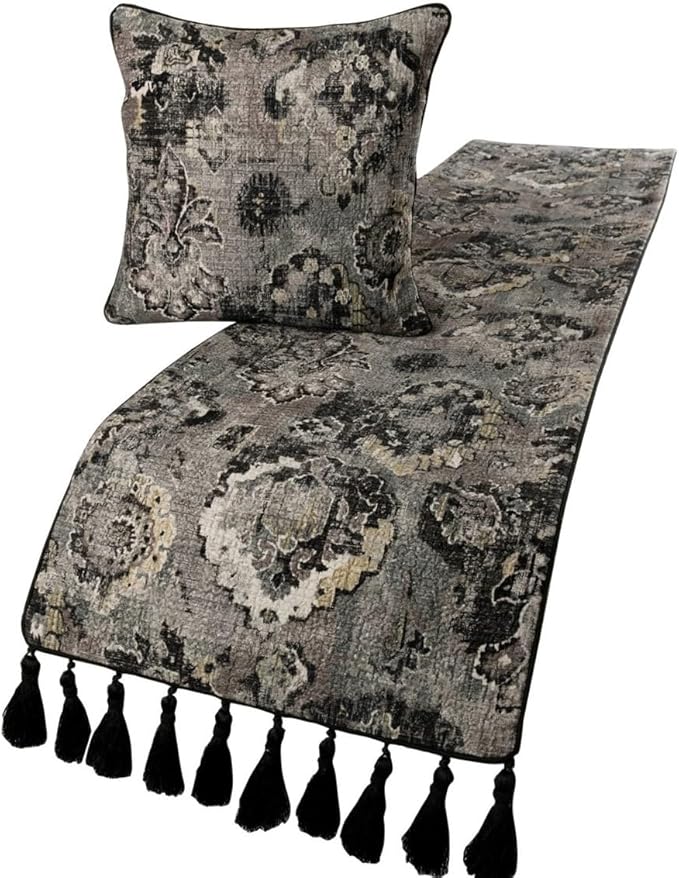 The HomeCentric Decorative Black & Grey Queen 74 x 18 inch Bed Runner Without Pillow Cover, Velvet Damask with Tassels Bed Scarf, Abstract Modern - Paved Damask