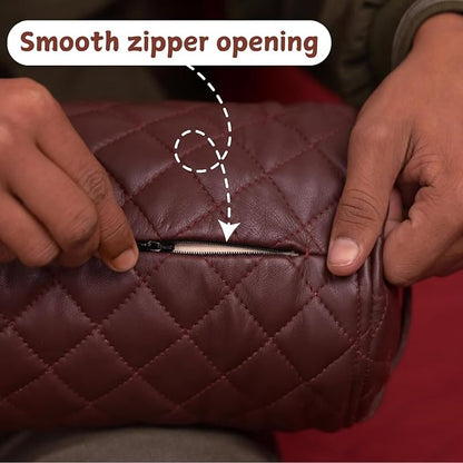 Neck Roll Pillow Cushion Cover, 22x5 Inch Full Moon Round Bolster Pillow Case, Cylinder Soft Lambskin Leather Pillowcase for Head, Spine & Neck Support During Sleep - Quilted Dark Brown Pack of 1