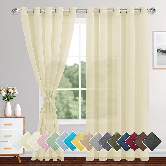 XWZO Beige Sheer Curtains 84 Inches Long 2 Panels Set for Bedroom, Light Filtering, Airy & Breathable Voile Grommet Window Curtains for Living Room with Tiebacks, Kids' Room, 60 x 84 Inches Length