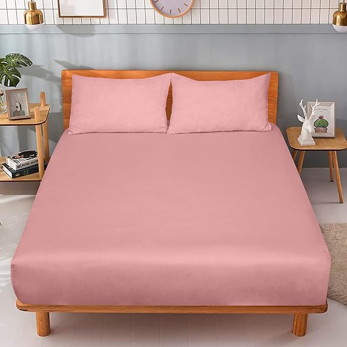 ROYALE LINENS 300 Thread Count 100% Long Staple Combed Cotton Fitted Sheet Queen - Super Soft Deep Pocket Bottom Sheet - Fitted Sheets Only - Elastic Sheets (Queen, Pink)