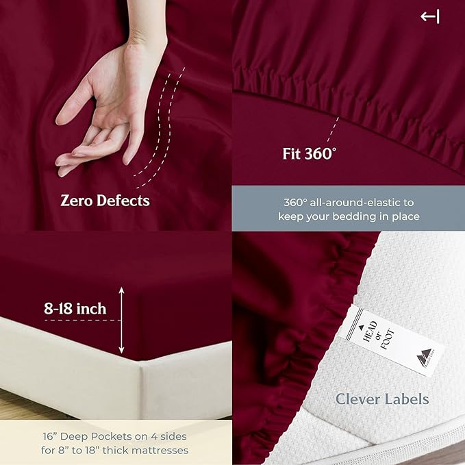 Mayfair Linen 500 Thread Count 100% Cotton Sheets King Size Bed Set - 4 PC King Bed Sheet Set (Burgundy) Soft, Cooling, Sateen 16" Deep Pocket Bedsheet for Hot Sleepers (Fits 18" Mattress)