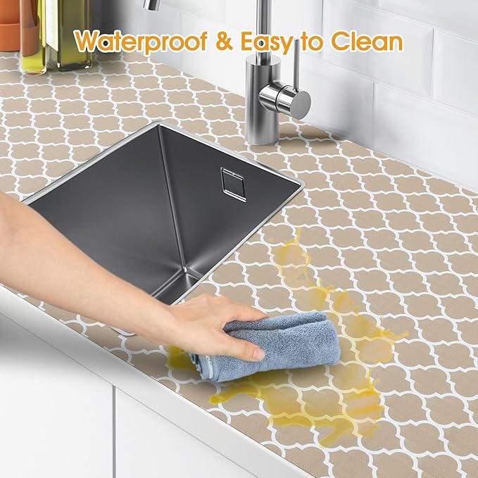 Shelf and Drawer Liner for Kitchen Cabinets Non-Adhesive, Strong Grip Non-Slip Thickened Cabinet Liners for Shelves, Waterproof Mats for Dresser Cupboard, Beige, 17 in x 10 Feet