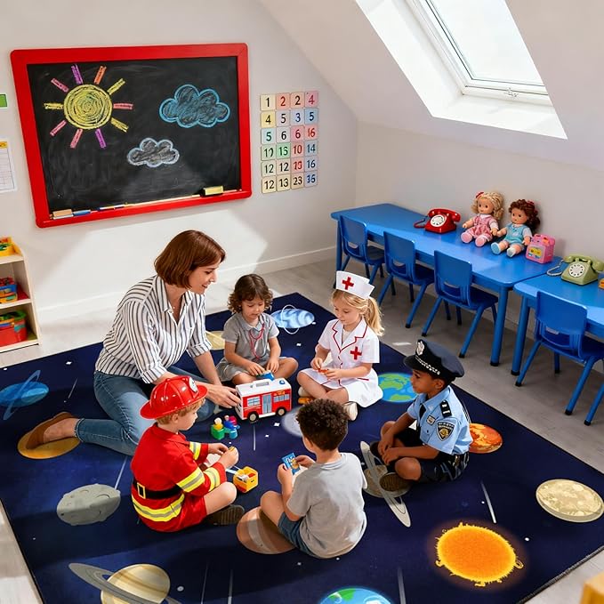 Kids Play Rugs 8'x10' Kids Rugs for playroom, Kid Educational Rug Classroom Rug, Space Planet Rug Space Planet Theme Play Mat for Living Room Dining Room Classroom Decor
