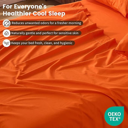100% Linen Sheet Set Queen Size Extra Deep Pocket Fits 18-24 Inch Mattress, Breathable & Soft, Smooth 6-Piece Set for Thick Mattresses Hotel Luxury Bedding（Queen, Orange）