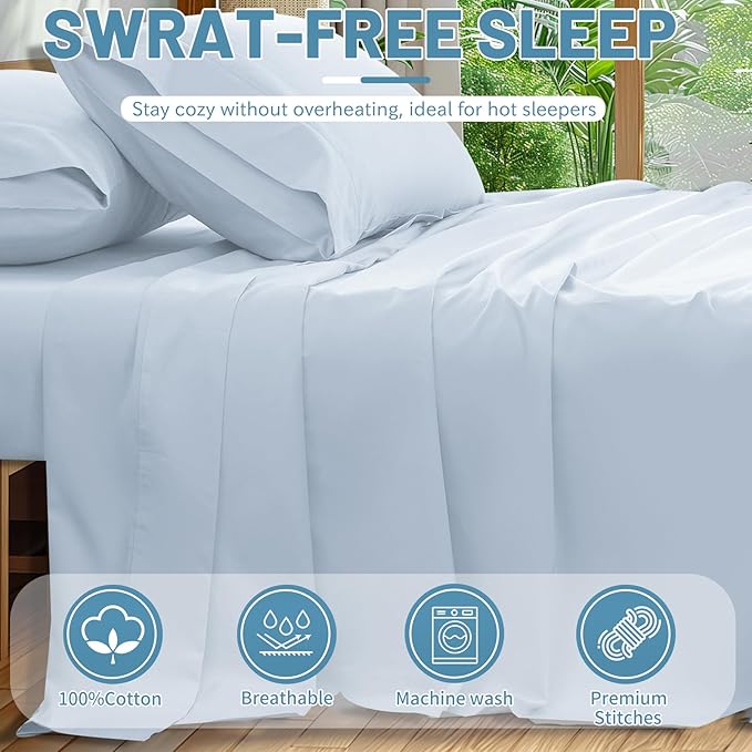 Extra Deep Pocket Queen Sheets 18-24 Inch 100% Egyptian Cotton 1000 Thread Count Sateen Weave Soft Breathable 4 Pieces（Queen,Light Blue）